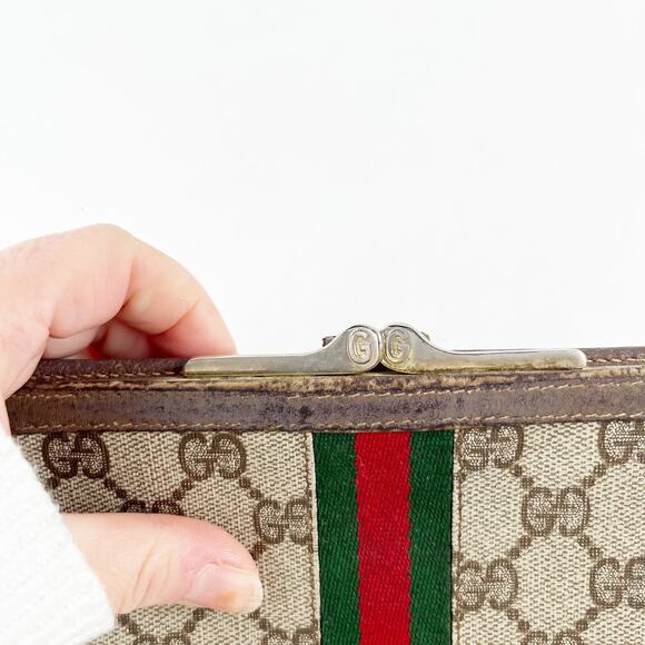 Gucci Vintage GG Supreme Web Long Trifold Wallet French Purse Brown - Picture 9 of 14